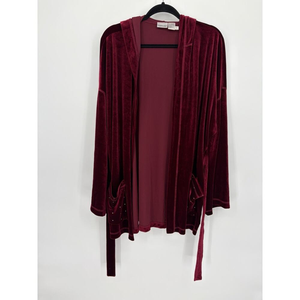 Vintage Newport News XL Burgundy Velvet Hooded Robe Rhinestone Pockets Y2K - Picture 2 of 6